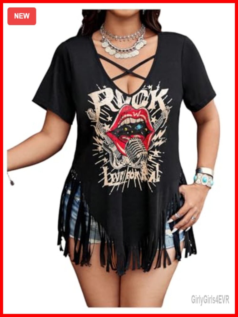 Plus Size Western Graphic Tassel Fringe Short Sleeve Top
